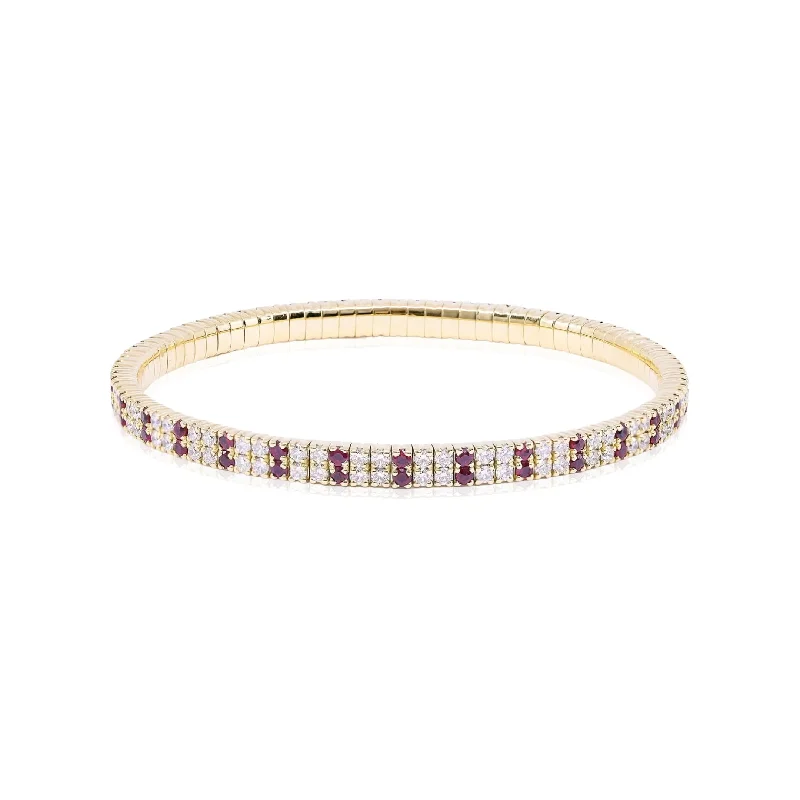 Best bangle bracelets with hammered gold finishes for a textured, rustic feel-18K YELLOW GOLD DOUBLE ROW DIAMOND AND RUBY STRETCH BRACELET