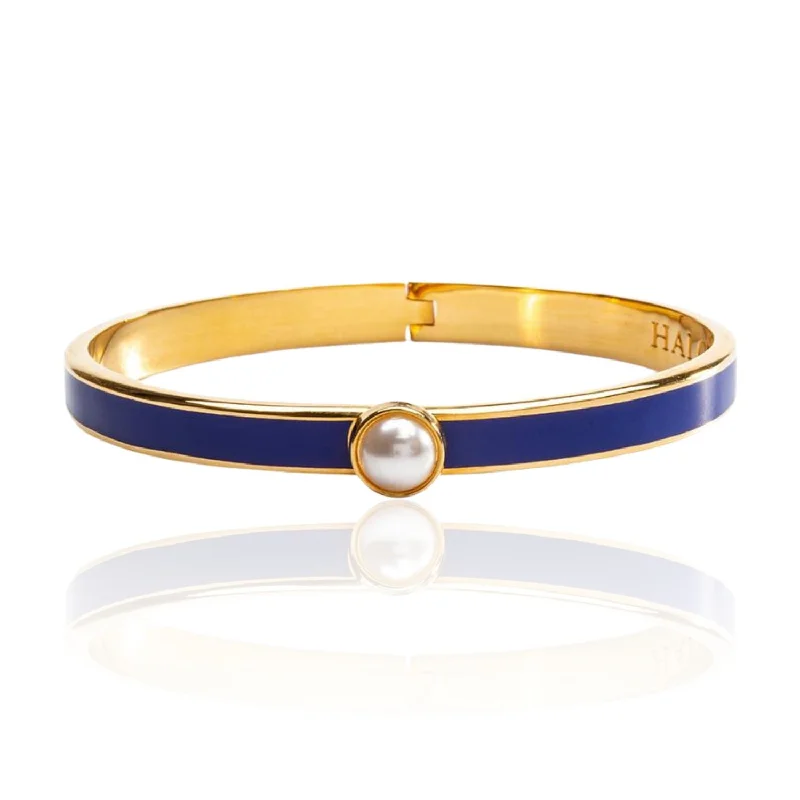 Stainless steel bangle bracelets with polished finishes for a sleek and durable design-HALCYON DAYS 18K YELLOW GOLD PLATED 6MM SKINNY COBALT ENAMELED BANGLE BRACELET WITH PEARL