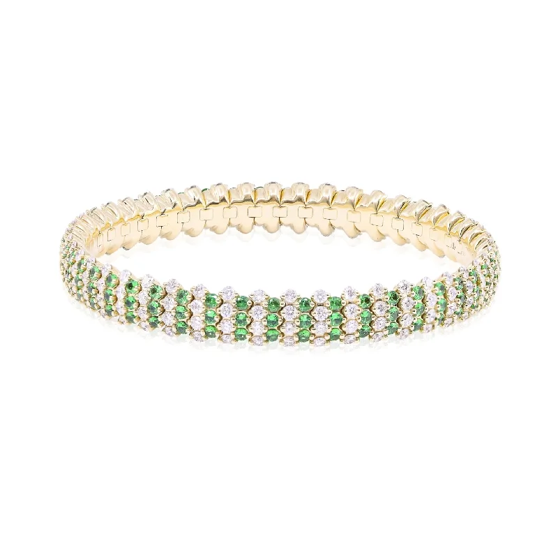 Best bangle bracelets with cubic zirconia for a dazzling and affordable alternative to diamonds-18K YELLOW GOLD MULIT-ROW DIAMOND AND TSAVORITE STRETCH BRACELET