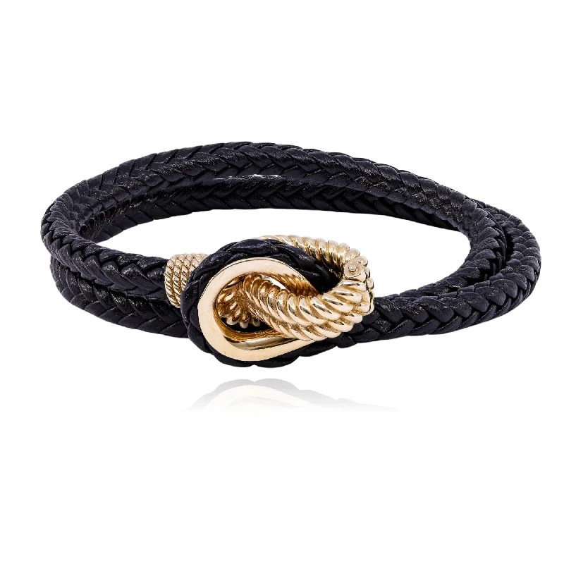 Chunky bangle bracelets with metallic finishes for a bold and statement-making look-14K YELLOW GOLD DOUBLE WRAP BLACK LEATHER BRACELET