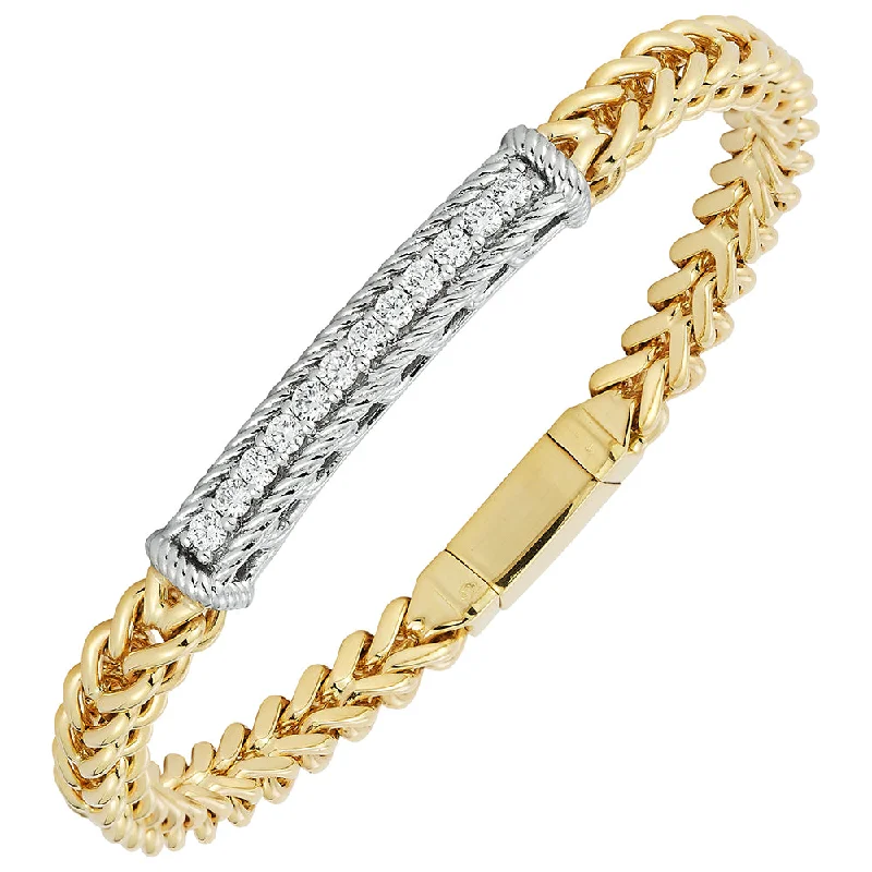 Classic bangle bracelets with clean lines for an elegant and versatile accessory-14K YELLOW GOLD 7-INCH WHEAT CHAIN BRACELET WITH PAVE DIAMOND ID BAR - 0.60CTW