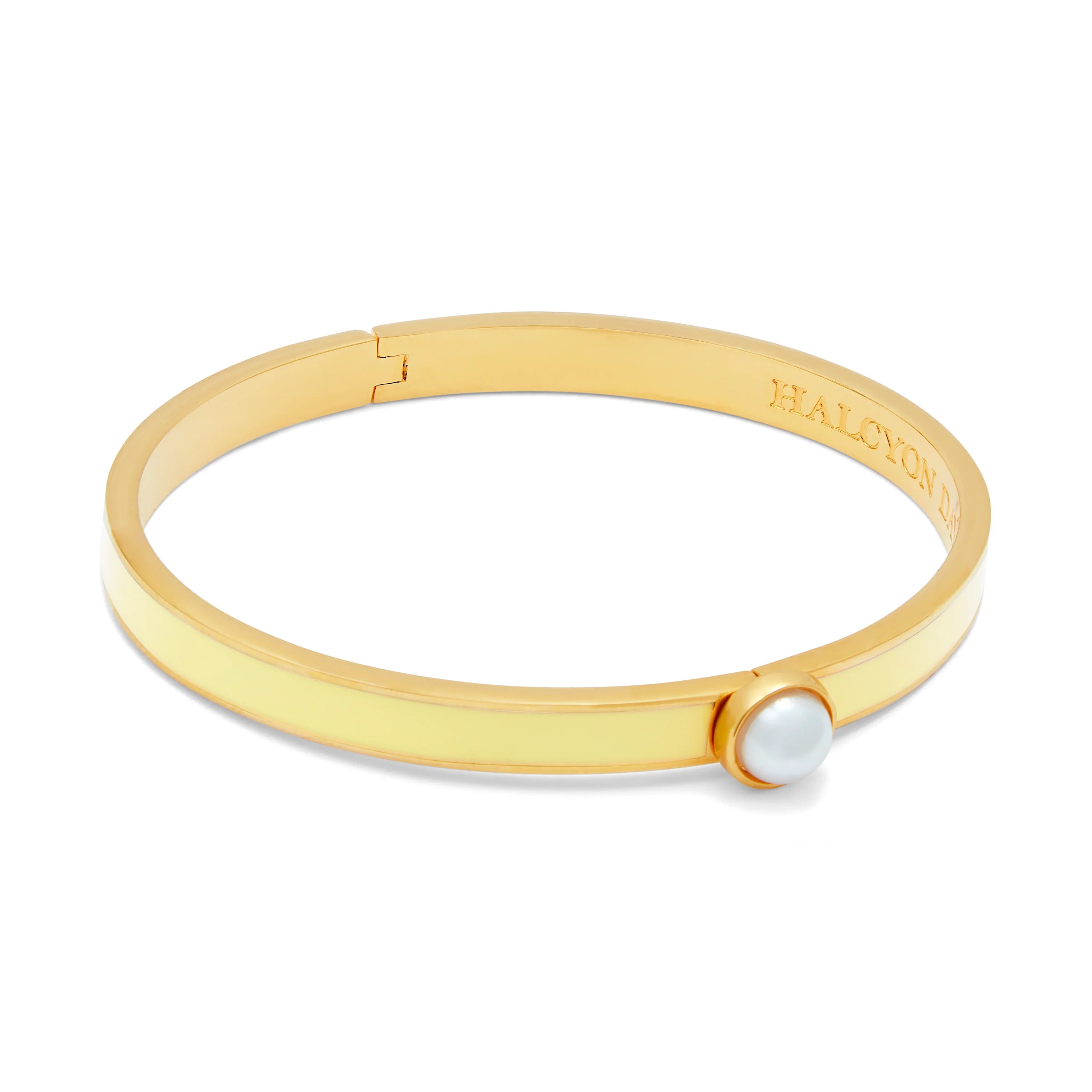 Best bangle bracelets with engraved birthstones for a personalized, meaningful gift-HALCYON DAYS 18K YELLOW GOLD PLATED 6MM SKINNY BUTTERCUP ENAMEL BANGLE WITH PEARL