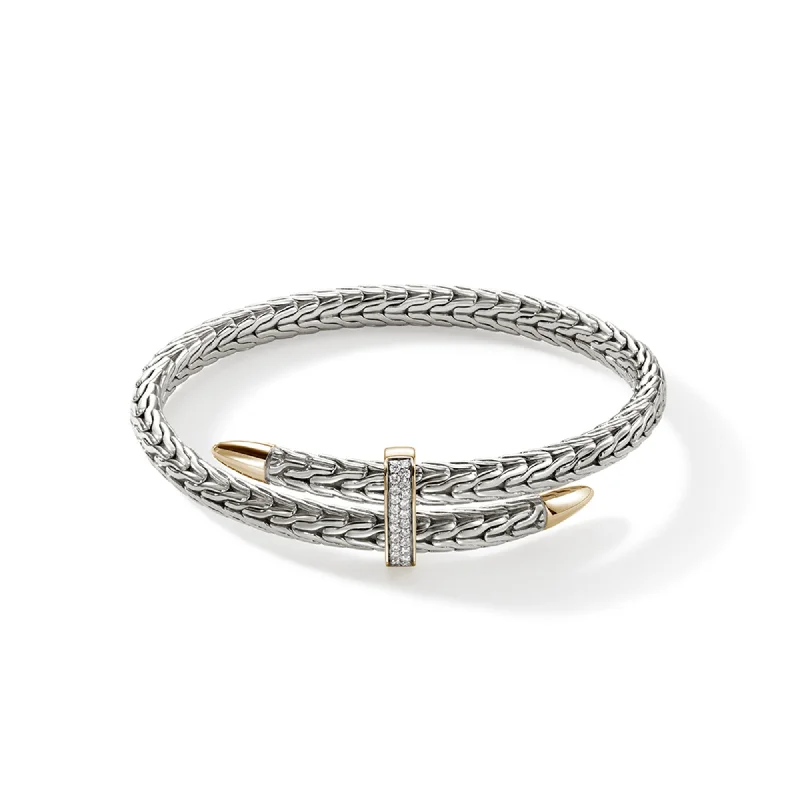 Stackable bangle bracelets with customizable charms for a personalized collection-JOHN HARDY STERLING SILVER AND 14K YELLOW GOLD PAVE SPEAR FLEX CUFF DOUBLE BRACELET