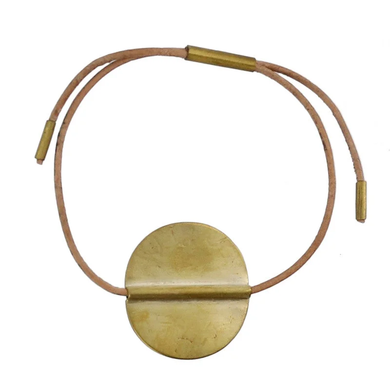 Vintage-inspired bangle bracelets with etched detailing for a timeless, antique look-Aga Bracelet with Round Brass - Natural Leather