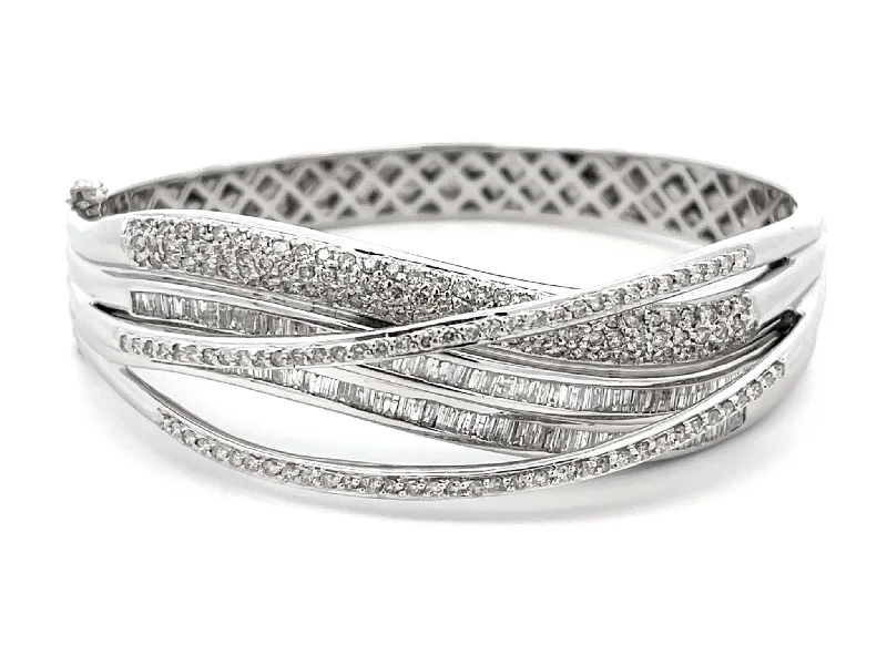 Best bangle bracelets with Swarovski crystals for a touch of sparkle and elegance-Baguette and Brilliant Cut Diamond Multi Row Hinged Bangle in 18k White Gold