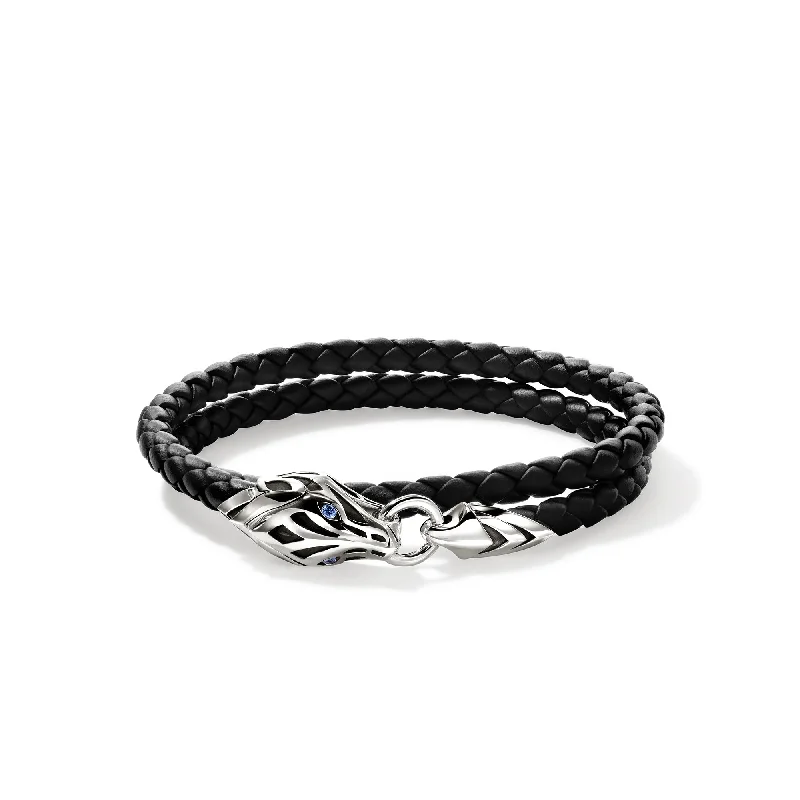 Sleek bangle bracelets with polished titanium for a modern and lightweight option-JOHN HARDY LARGE STERLING SILVER SAPPHIRE EYE BRAIDED BLACK LEATHER DOUBLE WRAP BRACELET