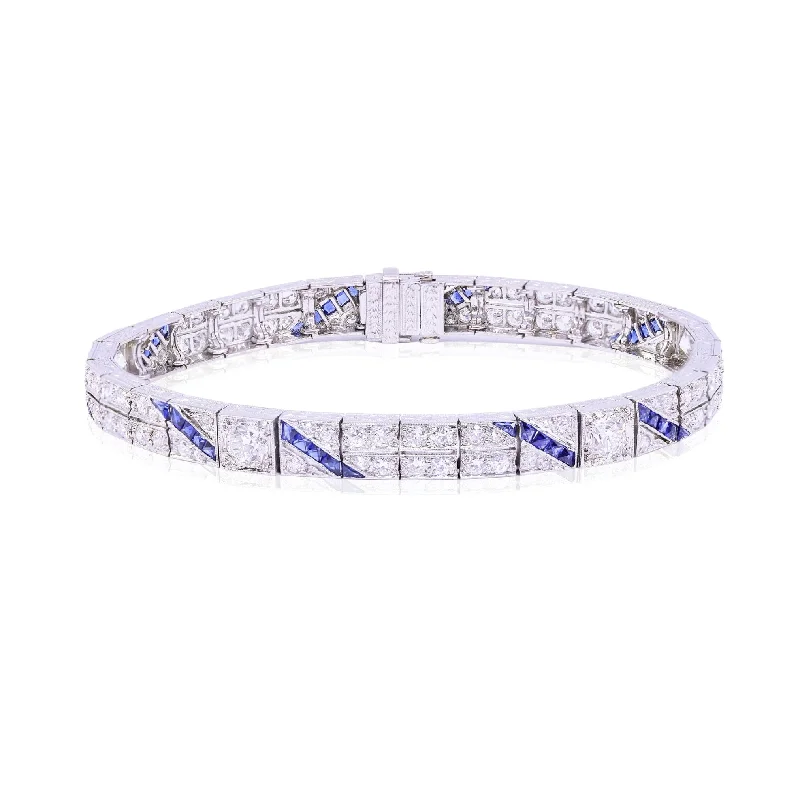 Lightweight bangle bracelets with subtle shimmer for an understated yet elegant look-ESTATE PLATINUM ART DECO DIAMOND SYNTHETIC SAPPHIRE BRACELET