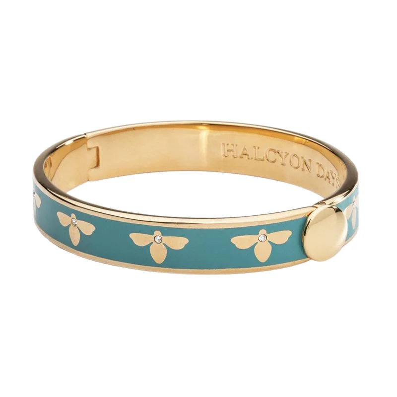 Vintage-inspired bangle bracelets with antique finishes for a retro, nostalgic style-HALCYON DAYS 18K YELLOW GOLD PLATED 10MM BEE TURQUOISE ENAMEL BANGLE BRACELET