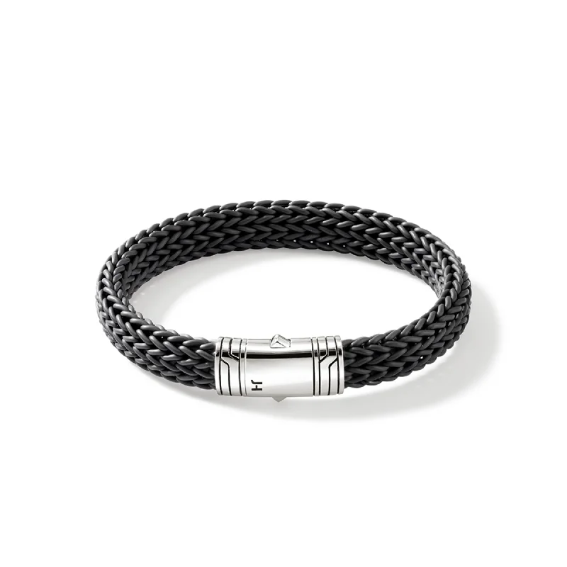 Bangle bracelets with polished marble inlays for a chic and trendy appearance-JOHN HARDY LARGE STERLING SILVER BRAIDED BLACK RUBBON ICON BRACELET