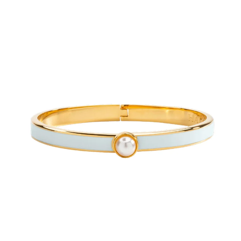 Thin bangle bracelets with mixed metals for a contemporary and versatile look-HALCYON DAYS 18K YELLOW GOLD PLATED 6MM SKINNY FORGET-ME-NOT ENAMELED BANGLE BRACELET WITH PEARL