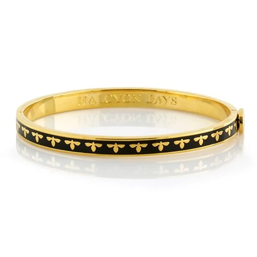 Best bangle bracelets with engraved floral patterns for a delicate and elegant design-HALCYON DAYS 18K YELLOW GOLD PLATEDE 6MM BEE BLACK ENAMEL BANGLE BRACELET