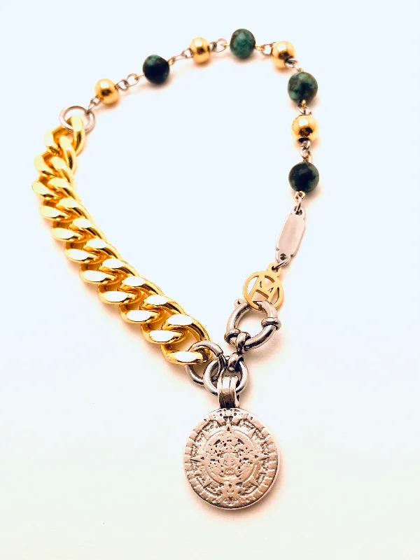 Best bangle bracelets with hand-crafted details for a unique and artisanal touch-Gold/Silver African Turqoise Aztec Coin Bracelet