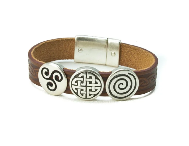 Stylish bangle bracelets with gemstone accents for a chic and modern look-Irish Leather Bracelet Celtic Charms by Our Maker-Partner in Co. Cork