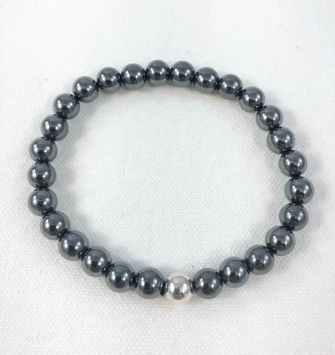 Thin bangle bracelets with mixed metals for a contemporary and versatile look-Men's Bracelet, Hematite with Sterling Silver Bead