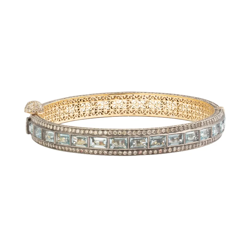 Vintage bangle bracelets with oxidized silver finishes for a rustic, antique feel-Aquamarine & Round Cut Diamond Bangle