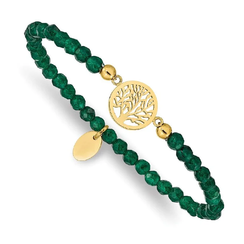 Bold bangle bracelets with mixed materials like wood, metal, and fabric-Stainless Steel Polished Yellow IP Tree of Life Green Jade Stretch Bracelet