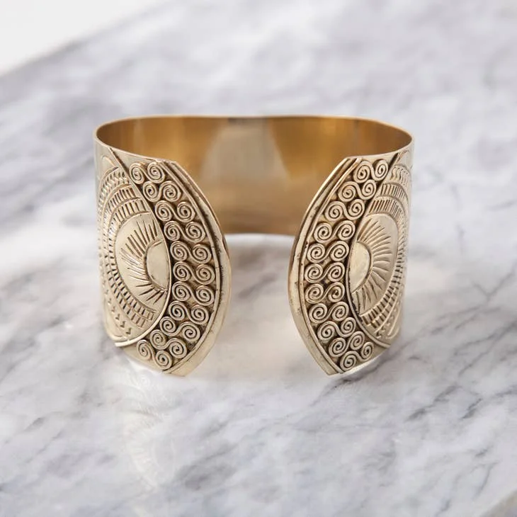 Art deco bangle bracelets with bold lines and shapes for a vintage-inspired flair-Tribal Etched Brass Bracelet Cuff